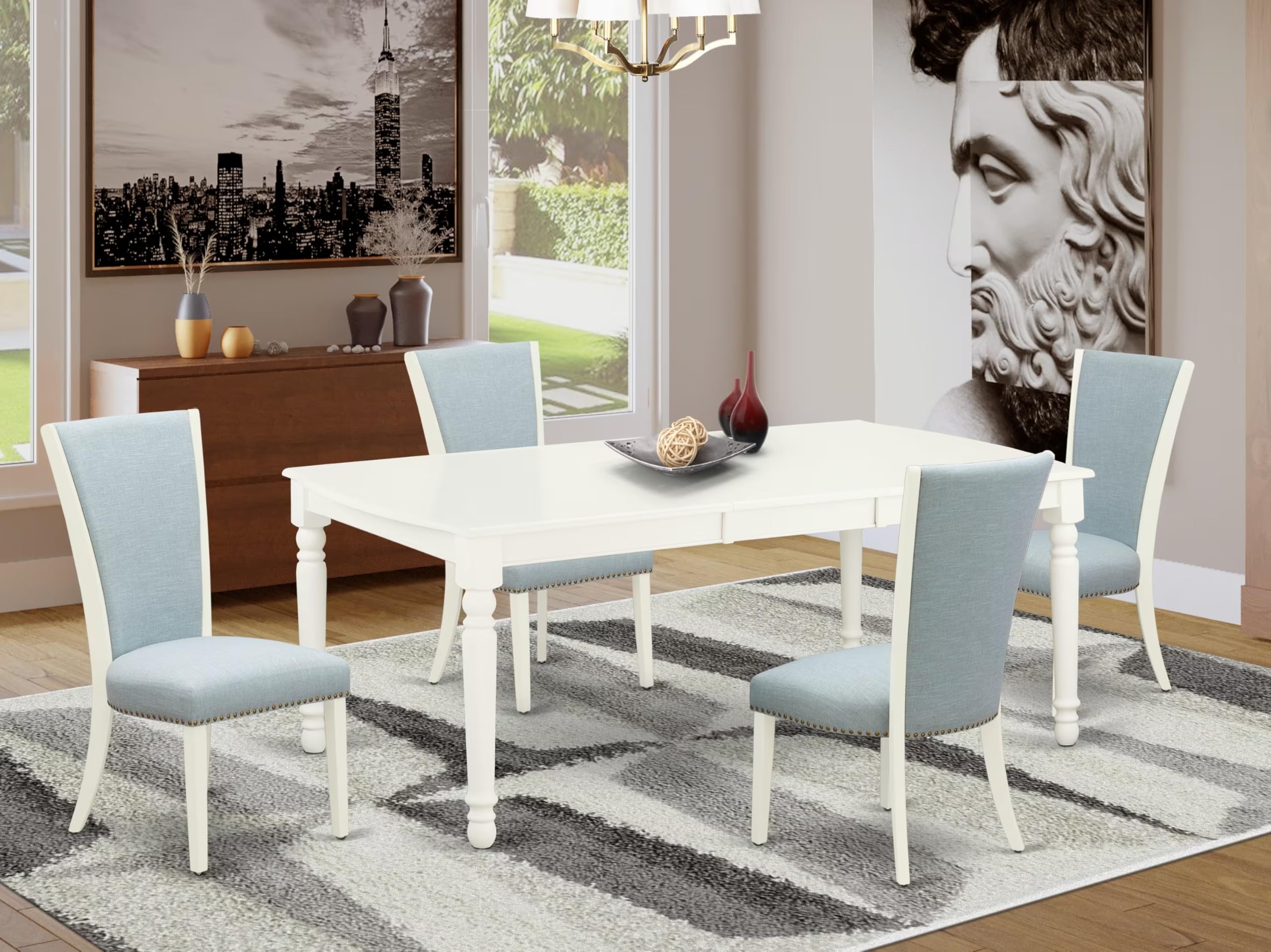 East West Furniture Dove5-Lwh-15 5 Piece Dining Table Set Includes A Rectangle Kitchen Table With Butterfly Leaf And 4 Baby Blue Linen Fabric Upholstered Chairs, 42X78 Inch, Linen White
